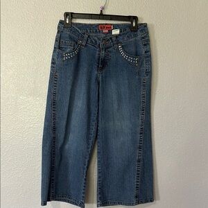 Vintage Y2K Hip Jeans Wide Leg Cropped – USA Flag Patch, Rhinestone Pockets